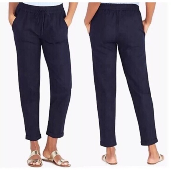 J.Crew Linen-Cotton Blend Navy Blue Drawstring Casual Pull On Pants Size 2 - Picture 1 of 16